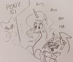 Size: 2048x1741 | Tagged: safe, artist:pony quarantine, princess celestia, oc, oc:dyx, alicorn, pony, g4, arcade game, duo, female, filly, foal, grayscale, hoof hold, mare, monochrome, mouth hold, open mouth, open smile, pencil drawing, smiling, sunglasses, traditional art