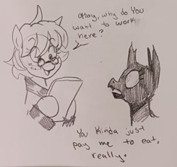 Size: 2048x1935 | Tagged: safe, artist:pony quarantine, oc, oc only, oc:red the prostitute, changeling, earth pony, pony, changeling oc, dialogue, duo, female, glasses, grayscale, mare, monochrome, pencil drawing, traditional art