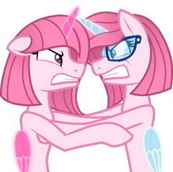 Size: 641x638 | Tagged: safe, artist:alexeigribanov, artist:muhammad yunus, oc, oc only, oc:annisa the good pony, oc:annisa trihapsari, alicorn, earth pony, pony, angry, base used, female, fight, floppy ears, glasses, gritted teeth, magic, mare, siblings, simple background, teeth, transparent background, twins