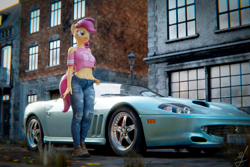 Size: 2076x1388 | Tagged: safe, artist:retro0range, scootaloo, anthro, plantigrade anthro, g4, 3d, blender, blender cycles, car, clothes, ferrari, solo, street