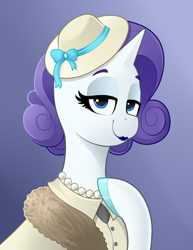 Size: 992x1288 | Tagged: safe, artist:waffletheheadmare, rarity, g4, bust, fur, gradient background, hat, jewelry, necklace, pearl necklace, portrait, smiling, solo