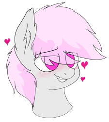 Size: 1350x1502 | Tagged: safe, artist:scootsredux, derpibooru exclusive, oc, oc only, oc:pink flame, earth pony, pony, blushing, bust, heart, horny, simple background, smiling, solo, transparent background