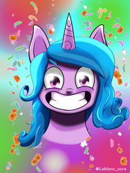 Size: 2448x3264 | Tagged: safe, artist:lightning-runner18, izzy moonbow, bat, ghost, pony, undead, unicorn, g5, 2021, big grin, big smile, bust, candy, candy cane, female, food, gradient background, grin, halloween, halloween 2021, high res, holiday, jack-o-lantern, lollipop, looking at you, mare, old art, pumpkin, smiling, smiling at you, solo