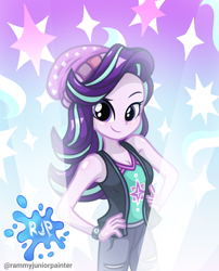 Size: 2015x2490 | Tagged: safe, artist:rjp.rammy, starlight glimmer, human, equestria girls, g4, my little pony equestria girls: better together, armpits, bare shoulders, beanie, blushing, breasts, cleavage, clothes, eyebrows, female, hand on hip, hat, high res, looking at you, raised eyebrow, signature, sleeveless, smiling, smiling at you, solo, tank top, watch