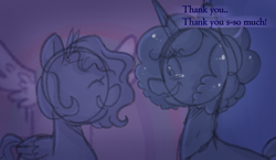 Size: 1124x650 | Tagged: safe, anonymous artist, misty brightdawn, pipp petals, pegasus, pony, unicorn, series:misty pov, g5, afro, alternate hairstyle, crying, dialogue, duo, eyes closed, female, graffiti, height difference, jewelry, limited palette, looking at someone, mane melody (location), mare, necklace, tears of joy, teary eyes