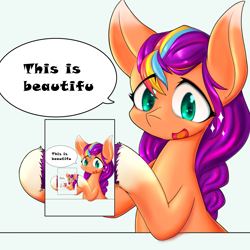 Size: 4096x4096 | Tagged: safe, artist:zemlya, edit, sunny starscout, earth pony, pony, g5, coat markings, droste effect, eye clipping through hair, female, hoof hold, looking at something, mane stripe sunny, mare, meme template, misspelling, open mouth, open smile, recursion, simple background, smiling, socks (coat markings), sparkles, speech bubble, subtitles, template, text, white background