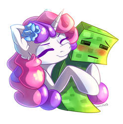 Size: 2060x2080 | Tagged: safe, artist:yuris, sweetie belle, pony, unicorn, g4, adult, alternate hairstyle, blushing, bust, creeper, creeper (minecraft), cute, duo, ears up, eyes closed, female, flower, flower in hair, high res, hug, minecraft, portrait, simple background, smiling, white background