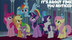 Size: 2000x1125 | Tagged: safe, edit, edited screencap, editor:quoterific, screencap, applejack, fluttershy, pinkie pie, rainbow dash, rarity, spike, twilight sparkle, alicorn, dragon, earth pony, pegasus, pony, unicorn, g4, the beginning of the end, female, mane six, mare, pink mane, pink tail, tail, twilight sparkle (alicorn), winged spike, wings, yellow coat