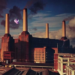Size: 720x720 | Tagged: safe, artist:tokkii, edit, pipp petals, pegasus, pony, g5, album, album cover, animals (album), cloud, factory, female, flying, london, looking at you, mare, pink floyd, smiling, solo, united kingdom