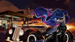 Size: 2560x1440 | Tagged: safe, artist:krapinkaius, princess luna, alicorn, pony, g4, car, cigarette, clothes, corpse paint, ear piercing, ethereal mane, eyeshadow, female, gas station, greaser, leather, leather vest, makeup, mare, outdoors, piercing, pin, radio station, solo, vest