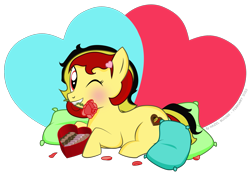 Size: 1821x1259 | Tagged: safe, artist:hazel bloons, derpibooru exclusive, oc, oc only, oc:chocolate sweets, earth pony, pony, 2023, blushing, box of chocolates, chocolate, eyelashes, female, flower, flower in mouth, food, hairclip, heart, heart background, holiday, looking at you, lying down, mouth hold, multicolored mane, one eye closed, petals, pillow, red eyes, rose, rose petals, signature, simple background, solo, transparent background, valentine's day, wink, winking at you, yellow coat