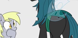 Size: 1677x828 | Tagged: safe, artist:icey, derpy hooves, queen chrysalis, changeling, changeling queen, pony, g4, bugbutt, butt, chrysalass, duo, duo female, female, mare, plot, simple background, white background, wip