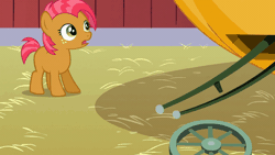 Size: 800x450 | Tagged: safe, screencap, babs seed, earth pony, pony, g4, one bad apple, season 3, animated, female, filly, foal, gif, oof, solo, uh oh