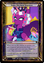Size: 435x621 | Tagged: safe, edit, edited screencap, screencap, opaline arcana, alicorn, pony, raccoon, raccoonicorn, g5, my little pony: tell your tale, opaline alone, spoiler:g5, spoiler:my little pony: tell your tale, spoiler:tyts01e50, ccg, crown, drink, female, food, hair curlers, jewelry, magic the gathering, mare, popcorn, regalia, smoothie, trading card, trading card edit, trading card game