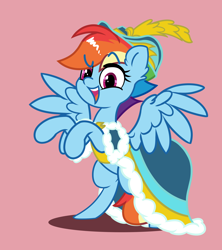 Size: 2000x2250 | Tagged: safe, artist:fakkajohan, rainbow dash, pegasus, pony, g4, alternate hairstyle, clothes, coronation dress, dress, female, hat, high res, looking at you, open mouth, open smile, rainbow dash always dresses in style, raised hooves, rearing, simple background, smiling, solo, spread wings, wings