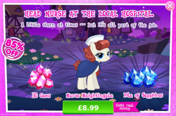 Size: 1958x1295 | Tagged: safe, gameloft, nurse neightingale, earth pony, pony, g4, my little pony: magic princess, advertisement, clothes, costs real money, english, female, gem, hat, introduction card, mare, mobile game, numbers, sale, solo, text