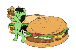 Size: 2593x1701 | Tagged: safe, artist:ponny, oc, oc only, oc:filly anon, earth pony, pony, bipedal, burger, female, filly, foal, food, simple background, smol, solo, tiny, tiny ponies, tongue out, white background