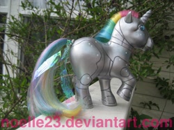 Size: 2816x2112 | Tagged: safe, artist:noelle23, photographer:noelle23, pony, robot, robot pony, unicorn, g1, customized toy, high res, horn, irl, outdoors, photo, ponified, raised hoof, robot unicorn attack, solo, tail, tail wrap, toy, tree branch