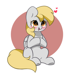 Size: 2592x2641 | Tagged: safe, artist:kittyrosie, derpy hooves, pegasus, pony, g4, blushing, cute, heart, high res, hooves together, open mouth, simple background, sitting, solo, white background