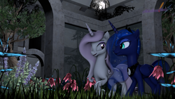 Size: 3840x2160 | Tagged: safe, artist:melodismol, fleur-de-lis, princess luna, alicorn, pony, unicorn, g4, 3d, duo, flower, folded wings, garden, grass, high res, looking at each other, looking at someone, moon, night, source filmmaker, talking, tree, walking, wings