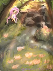 Size: 2304x3072 | Tagged: safe, artist:furritain2, fluttershy, human, rabbit, equestria girls, g4, animal, female, high res, nature, outdoors, solo