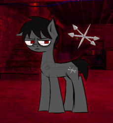 Size: 606x663 | Tagged: safe, artist:xxv4mp_g4z3rxx, oc, oc:spiky jacks, earth pony, pony, basement, edgy, male, red eyes, solo, stallion