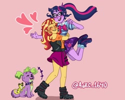 Size: 2500x2000 | Tagged: safe, artist:1640avzc, ray, sci-twi, spike, spike the regular dog, sunset shimmer, twilight sparkle, dog, human, equestria girls, g4, female, high res, hug, lesbian, open mouth, pink background, ship:sci-twishimmer, ship:sunsetsparkle, shipping, simple background