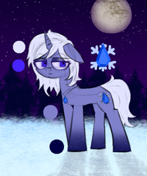 Size: 693x830 | Tagged: safe, artist:xxv4mp_g4z3rxx, oc, oc only, oc:scarlet frost, pony, unicorn, female, gem, horn, mare, moon, night, reference sheet, sapphire, snow, solo, stars, tree, unicorn oc