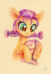 Size: 824x1200 | Tagged: safe, artist:maytee, sunny starscout, earth pony, pony, g5, braid, braided pigtails, colored pencil drawing, cute, daaaaaaaaaaaw, female, filly, filly sunny starscout, hoof hold, lantern, paper lantern, pigtails, solo, sunnybetes, traditional art, twin braids, younger