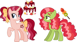 Size: 1815x984 | Tagged: safe, artist:strawberry-spritz, earth pony, pony, unicorn, bow, female, hair bow, magical lesbian spawn, mare, offspring, parent:applejack, parent:pinkie pie, parent:rarity, parent:tree hugger, parents:rarijack, simple background, tail, tail bow, transparent background
