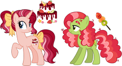 Size: 1815x984 | Tagged: safe, artist:strawberry-spritz, earth pony, pony, unicorn, g4, bow, female, hair bow, magical lesbian spawn, mare, offspring, parent:applejack, parent:pinkie pie, parent:rarity, parent:tree hugger, parents:rarijack, simple background, tail, tail bow, transparent background