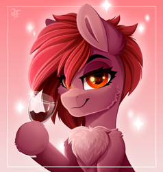 Size: 2000x2100 | Tagged: safe, artist:rainbowfire, oc, oc only, earth pony, pony, alcohol, cheek fluff, chest fluff, cute, female, glass, high res, looking at you, mare, raised hoof, red eyes, simple background, smiling, solo, wine, wine glass