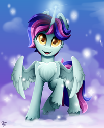 Size: 2200x2700 | Tagged: safe, artist:rainbowfire, oc, oc only, alicorn, pegasus, pony, unicorn, cheek fluff, chest fluff, cloud, cute, ear fluff, grin, high res, horn, looking at you, magic, magic aura, male, night, open mouth, raised hoof, simple background, sky, smiling, solo, spread wings, stallion, stars, unshorn fetlocks, wings, yellow eyes