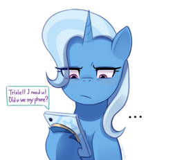 Size: 2154x1994 | Tagged: safe, artist:maren, trixie, pony, unicorn, g4, ..., :/, cellphone, female, frown, high res, hoof hold, implied facehoof, implied lesbian, implied shipping, implied starlight glimmer, implied startrix, looking at something, looking down, magnetic hooves, mare, phone, simple background, smartphone, solo, text message, white background