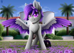 Size: 3500x2500 | Tagged: safe, artist:rainbowfire, oc, oc only, oc:starrydusk, pegasus, pony, cheek fluff, chest fluff, cloud, cloudy, complex background, cute, ear fluff, female, flower, flower in hair, grin, high res, jewelry, looking at you, mare, palm tree, purple eyes, sky, smiling, solo, spread wings, tree, united states, wings