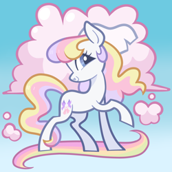 Size: 5000x5000 | Tagged: safe, artist:pilesofmiles, dainty dove (g2), earth pony, pony, g2, g4, c:, cloud, cloudy, cute, featured image, female, g2 to g4, generation leap, gradient background, heart nostrils, looking at you, mare, multicolored hair, multicolored mane, multicolored tail, pink cloud, rainbow, raised hoof, show accurate, smiling, solo, standing, tail, veil, wedding veil