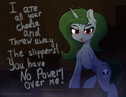 Size: 2816x2160 | Tagged: safe, artist:darbedarmoc, oc, oc:minerva, pony, unicorn, :3, :p, blushing, determined, green mane, high res, moral event horizon, raised hoof, rearing, red eyes, solo, standing, table, talking, talking to viewer, tongue out