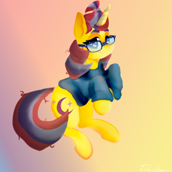 Size: 2000x2000 | Tagged: safe, artist:dankpegasista, derpibooru exclusive, moondancer, pony, unicorn, g4, abstract background, accessory, adorkable, bangs, clothes, colored, colored eyelashes, crescent moon, cute, dancerbetes, digital art, dork, ear fluff, eyebrows, female, floating, full body, full color, glasses, gradient background, hair tie, high res, krita, long tail, looking at you, mare, messy, messy tail, moon, pastel, png, purple eyes, raised hoof, red mane, shading, shy, shy smile, signature, smiling, smiling at you, solo, sweater, tail, tied hair, tricolor mane, upright, yellow fur