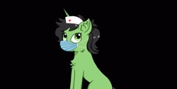 Size: 1920x966 | Tagged: safe, artist:nismorose, oc, oc only, oc:anon, oc:filly anon, oc:green, pony, unicorn, fanfic:trust once lost, black background, cheek fluff, chest fluff, digital art, ear fluff, fanfic art, female, filly, foal, hat, horn, link in description, looking up, mask, no cutie marks yet, nurse hat, ponytail, simple background, sitting, solo