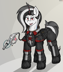 Size: 2640x3000 | Tagged: safe, artist:marusya, oc, oc only, oc:schworz, pony, unicorn, fallout equestria, armor, hammer and sickle, high res, horn, levitation, magic, power armor, red star, shadow, simple background, solo, sternocleidomastoid, telekinesis, weapon