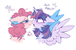 Size: 1922x1268 | Tagged: safe, artist:mirtash, pinkie pie, twilight sparkle, alicorn, earth pony, pony, g4, bedroom eyes, blushing, boop, bust, chest fluff, dialogue, duo, duo female, ear fluff, female, lesbian, looking at each other, looking at someone, mare, noseboop, open mouth, ship:twinkie, shipping, simple background, spread wings, twilight sparkle (alicorn), white background, wings