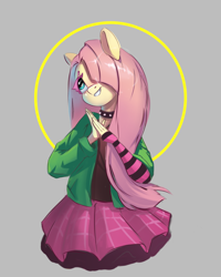 Size: 2092x2620 | Tagged: safe, artist:i love hurt, fluttershy, pegasus, anthro, dtiys emoflat, g4, challenge, choker, clothes, draw this in your style, emo, evening gloves, female, fingerless elbow gloves, fingerless gloves, gloves, gray background, grin, hair over one eye, halo, hands together, high res, jacket, long gloves, looking up, plaid skirt, simple background, skirt, smiling, solo, spiked choker, striped gloves