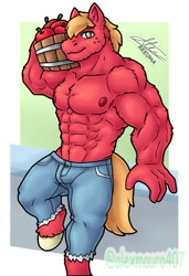 Size: 515x755 | Tagged: safe, artist:alexmauro407, big macintosh, earth pony, anthro, unguligrade anthro, g4, abs, apple, clothes, food, great macintosh, hooves, looking at you, male, male nipples, muscles, muscular male, nipples, nudity, pants, partial nudity, pecs, red body, solo, stupid sexy big macintosh, tail, topless