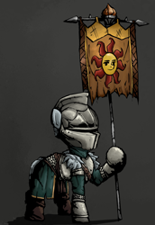 Size: 1426x2070 | Tagged: safe, artist:uteuk, earth pony, pony, armor, banner, darkest dungeon, helmet, knight, simple background, solo, style emulation, sun