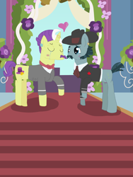 Size: 3024x4032 | Tagged: safe, dandy grandeur, turner mccolt, earth pony, pony, unicorn, g4, blushing, clothes, couple, cute, digital art, duo, duo male, eyes closed, facial hair, gay, gay marriage, heart, male, marriage, mccolt family, moustache, shipping, stallion, turnergrandeur, wedding