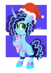 Size: 2039x2893 | Tagged: safe, artist:skylinepony_, izzy moonbow, misty brightdawn, pony, unicorn, g5, spoiler:g5, bipedal, christmas, clothes, cute, doll, hat, high res, holiday, mistybetes, santa hat, simple background, smiling, socks, solo, striped socks, toy, white background