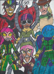 Size: 1024x1409 | Tagged: safe, artist:thegreatburg, applejack, fluttershy, pinkie pie, rainbow dash, rarity, twilight sparkle, bird, human, vulture, g4, doctor octopus, electro, humanized, kraven the hunter, mane six, marvel, mysterio, sandman, sinister six, traditional art