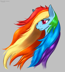 Size: 1259x1390 | Tagged: safe, artist:renarde-louve, rainbow dash, pegasus, pony, g4, bust, female, gray background, hair over one eye, long mane, mare, portrait, signature, simple background, solo