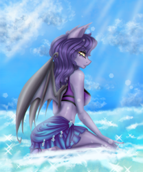 Size: 1332x1600 | Tagged: safe, artist:agleo, oc, oc only, oc:amelia valkyria, bat pony, anthro, unguligrade anthro, beach, clothes, female, solo, swimsuit, water, wings, yellow eyes
