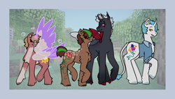 Size: 4998x2833 | Tagged: safe, artist:hederacea, alicorn, changeling, earth pony, pegasus, pony, unicorn, chest fluff, clothes, colored hooves, colored wings, curved horn, denim, denim jacket, ear fluff, ear tufts, ethoslab, eye scar, face mask, facial scar, folded wings, grian, group, horn, jacket, leg fluff, leonine tail, male, mask, mcyt, minecraft, minecraft youtuber, not an oc, pale belly, passepartout, ponified, quartet, raised hoof, red changeling, scar, scott smajor, smallishbeans, stallion, standing, tail, two toned wings, wings